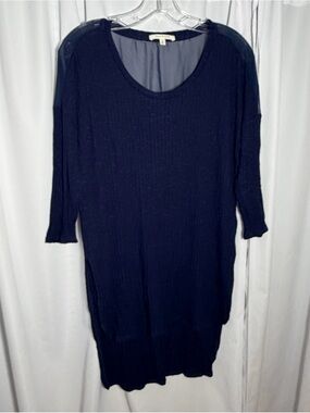 PURE GOOD Navy Blue Ribbed Tunic Top with Sheer Panel On the Back size L